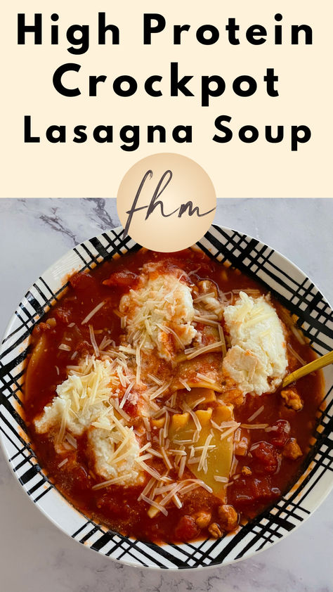 recipe - high protein Crockpot Lasagna Soup Protein Crockpot Soup, Macros Friendly Soups, Healthy Crockpot Lasagna Soup, Healthy Slow Cooker Lasagna Soup, Macro Friendly Cheeseburger Soup, Macro Friendly Soup Crock Pot, Lasagna Soup Crockpot Healthy, High Protein Crockpot Pasta, Macro Lasagna Soup