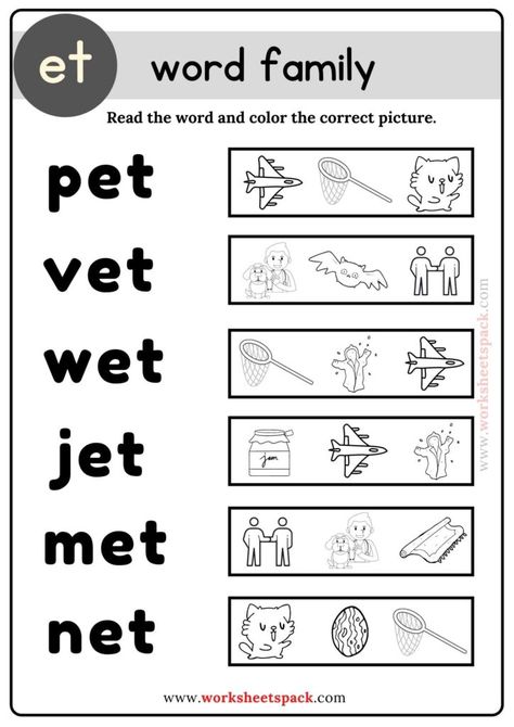 Et Words Worksheet, Et Word Family Worksheet, Et Family Words Worksheet, Word Family Worksheets Kindergarten, Word Family Activities For Kindergarten, An Family Words Worksheets, Family Words Worksheets For Kids, Et Word Family, Word Families Kindergarten