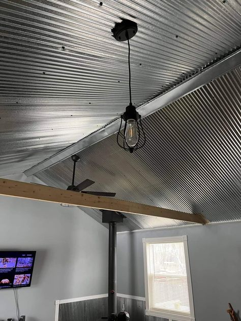 Black Tin Ceiling, Corrugated Tin Ceiling, Galvanized Ceiling, Pole Barn Shop, Tub Room, Metal Ceilings, Rustic Eclectic, Lodge Style Home, Black Metal Roof