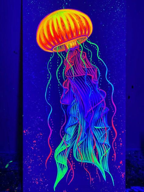 Neon Art Painting, Uv Art, Light Artwork, Chill Aesthetic, Jellyfish Painting, Trippy Wall, Neon Artwork, Jellyfish Art, Psychadelic Art