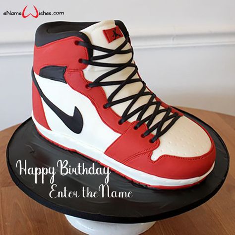 Nike Sneaker Birthday Cake with Name Maker - eNameWishes Jordan Sneaker Cake, All White Nike Shoes, Nike Cake, Sneaker Cake, White Nike Shoes Womens, Name On Cake, Jordan Cake, Write Name On Cake, Baby Nike Shoes