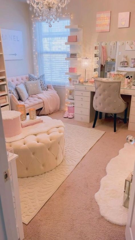 Glam Room Decor Bedroom, Pamper Room Ideas, Glam Room Furniture, Girly Glam Bedroom Ideas, White And Pink Themed Bedroom, Blush Pink Aesthetic Room Ideas, Beauty Room Layout, Light Pink And White Bedroom Aesthetic, Glam Room Ideas Modern