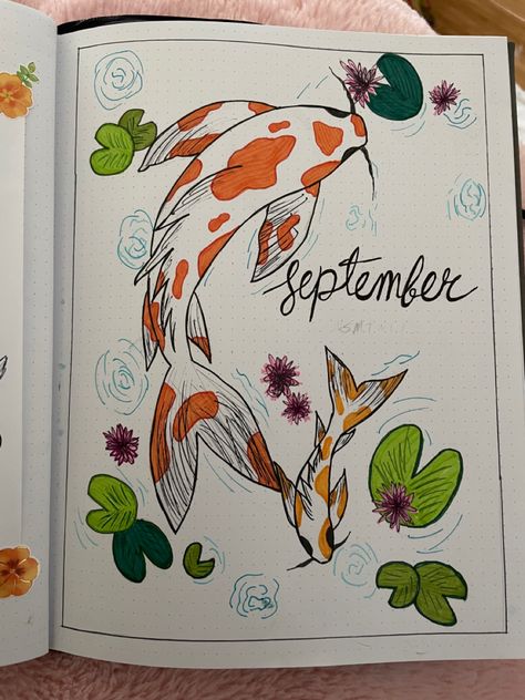 Fish Journal Ideas, Cute Title Page Ideas, Aesthetic Note Book Ideas, Art Journal Title Page, September Title Page, Title Page Ideas Art, Attractive Border Designs For Project, Koi Doodle, Aesthetic Title Page