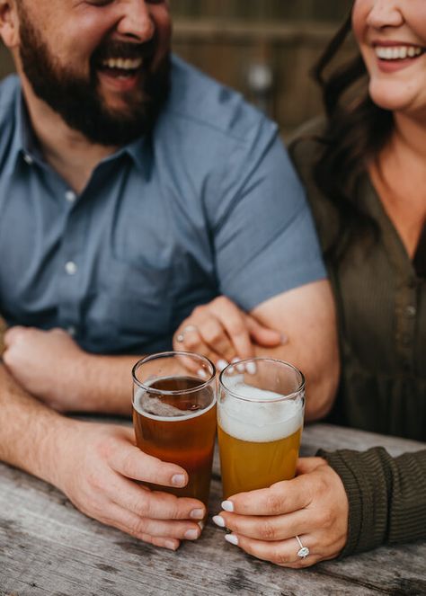 Brewery Photoshoot Couple, Engagement Photos With Wine, Beer Couple Photoshoot, Distillery Photoshoot, Pub Engagement Photos, Brewery Engagement Photos, Beer Engagement Pictures, Food Engagement Photos, Brewery Engagement Pictures