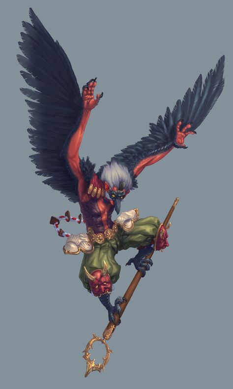 Tengu, Pedro Vasconcellos on ArtStation at https://www.artstation.com/artwork/nQwoL1 Tengu Concept Art, Yokai Concept Art, Tengu Character Design, Tengu Warrior, Yokai Character Design, Tengu Art, Yokai Oc, Japanese Demon Art, Yokai Tattoo