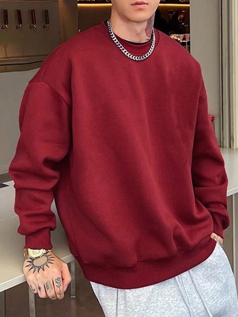 Burdeos Casual Collar manga larga Tela Liso Pullovers Embellished Elástico Ligero Otoño/Invierno Red Sweatshirt Outfit Men, Colourful Mens Fashion, Red Shirt Outfit Men, Red Fashion Men, Red Outfits Men, Sweatshirt Outfit Men, Red Sweater Outfit, Sweater Outfits Men, Oversize Outfit