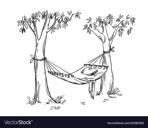 Hammock Sketch, Hammock Drawing, Hammock Tattoo, Camping Paintings, Camping Drawing, Garden Line, Vector Line, Knight Art, Tree Illustration