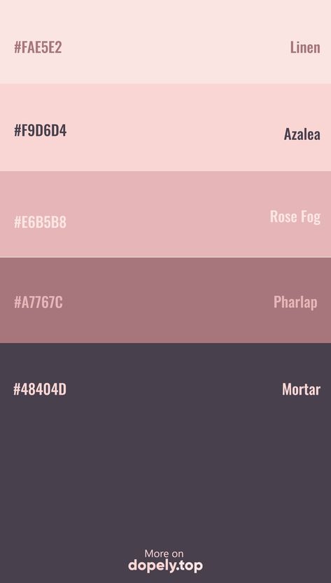 Color Palette inspiration with these hex codes: #FAE5E2 #F9D6D4 #E6B5B8 #A7767C #dopely #colorpalette #purple 8 Color Palette Hex Codes, 5 Color Color Palette, Purple Colour Palette Hex Codes, Color Palette And Codes, Canva Purple Palette, Colour Pallette With Hex Codes, 5 Color Palette Hex Codes, Aesthetic Color Palettes Hex Codes Goodnotes, Aesthetic Colour Palette Hex Codes