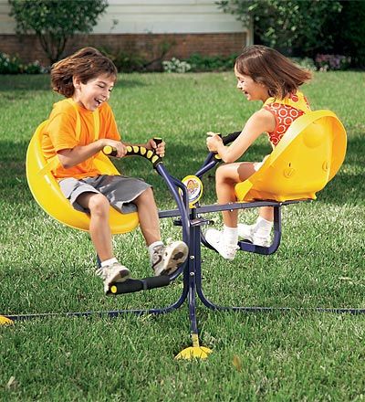 The kids would probably love this Wurlybird Flyer spinning thing.  At hearthsong.com   $  299 Swing Set Diy, Backyard Playset, Backyard Toys, Big Backyard, Outdoor Games For Kids, Outdoor Toys For Kids, Backyard Playground, Backyard For Kids, Kids Discover