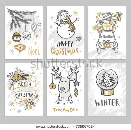 Christmas hand drawn cards with snowman, car, fir branch, balls and gifts. Vector illustration. Winter Karten, Christmas Cards Drawing, Drawn Cards, Handwritten Lettering, Tree Angel, Fox Christmas, Car Stock, Hand Drawn Cards, Merry Bright Christmas