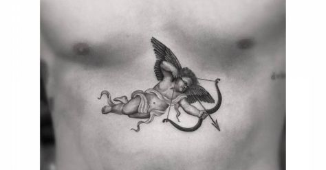 Tattoo Artist: Dr. Woo. Tags: celebrities, More Celebrities, Brooklyn Beckham, categories, Single Needle, Mythology, Cherubs, Angels, Religious. Body parts: Sternum. Dr Woo Tattoo, Cupid Tattoo, Dr Woo, Cherub Tattoo, Tattoo Zeichnungen, Inspiration Tattoos, Painting Tattoo, Classic Tattoo, Art Classique