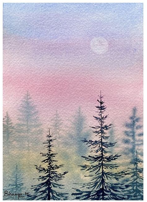 Themes For Painting, Watercolor Cute Paintings, Simple Flower Watercolor Paintings, Painting Trees Watercolor, Painting Landscape Watercolor, Mini Paintings Watercolor, Fun Watercolor Paintings, Mini Watercolour Painting, Easy Watercolor Landscapes For Beginners