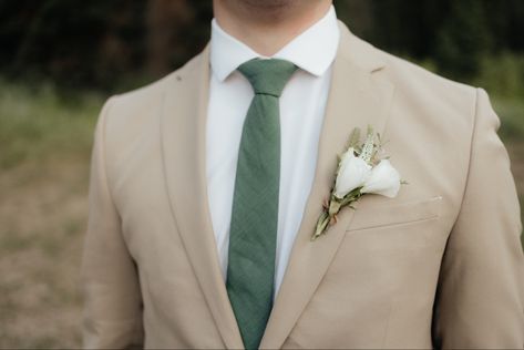 Tan Tux Green Tie, Suits To Go With Sage Green, Tan Green And White Wedding, Tuxedo With Sage Green Tie, Khaki Suit With Sage Green, Khaki Suit Green Tie, Sage And Tan Groomsmen, Eucalyptus Wedding Men Suit, Tan Tuxes Wedding