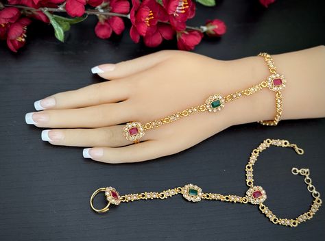 A pair of Ruby Polki bracelet/A Pair of Haathphool /finger bracelet/Ring Bracelet/hand harness/hath panja/Haathphool /bracelet ring Combo Polki Bracelet, Ring Combo, Bracelet Combo, Victorian Bracelet, Finger Bracelets, Hand Harness, Single Ring, Adjustable Jewelry, Bracelet Ring