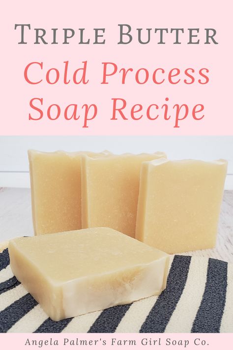 Looking for a cold process soap recipe with shea butter? This triple butter cold process soap recipe contains loads of it, plus rich cocoa butter and mango butter too. This highly moisturizing soap recipe creates a hard bar with lots of bubbly, creamy lather. Naturally scented with essential oil, this recipe produces a luxurious, premium bar. Ready to learn how to make this cold process soap recipe with shea butter? Pin to save then click over for the triple butter cold process soap recipe. Cold Pressed Soap Recipes, Moisturizing Soap Recipe, Cold Press Soap Recipes, Shea Butter Soap Recipe, Shea Butter Moisturizer, Cold Pressed Soap, Cocoa Butter Soap, Homemade Soap Bars, Easy Soap Recipes