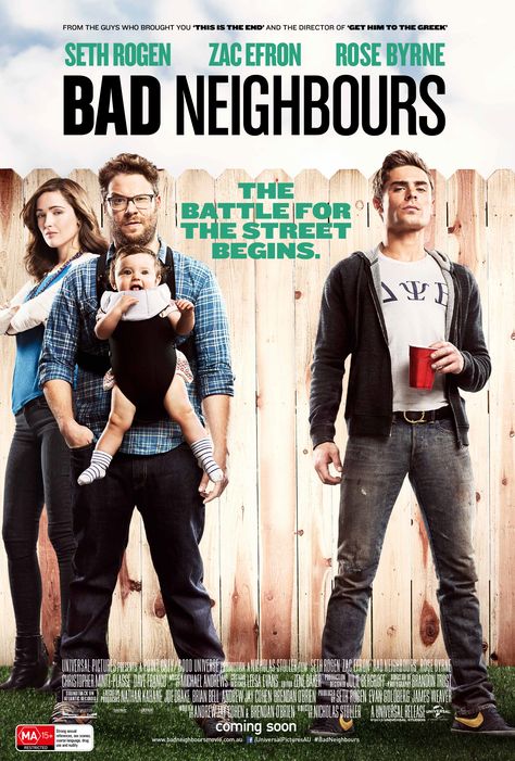 Hahah love this movie! and ofcourse u have to watch it cuz Zac Efron is in it! Neighbors Movie, Dave Franco, Bad Neighbors, Movies 2014, Seth Rogen, Rose Byrne, Zac Efron, Funny Movies, Universal Pictures