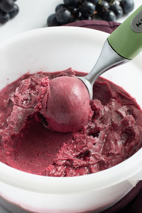 Concord Grape Sorbet is made with fragrant Concord grapes and just enough sugar to highlight the pure fruit flavor. It's beautiful in it's simplicity and it's simply beautiful. Grape Sorbet Recipe, Concord Grape Recipes, Grape Sorbet, Grape Ice Cream, Concord Grapes, Sorbet Is, Grape Uses, Grape Recipes, Sorbet Recipes