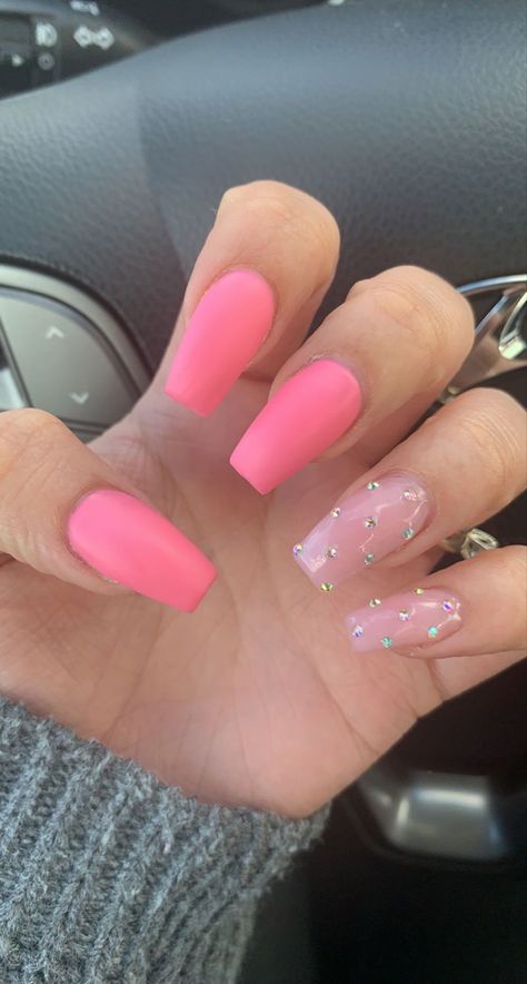 #pink #rhinestone #nails Pink Square Nails With Rhinestones, Hot Pink Nails With Gems, Pink Nails Rhinestones, Rhinestone Nails Pink, Pink Nails With Gems, Pink Rhinestone Nails, Hoco Nails, Baby Pink Nails, Hot Pink Nails