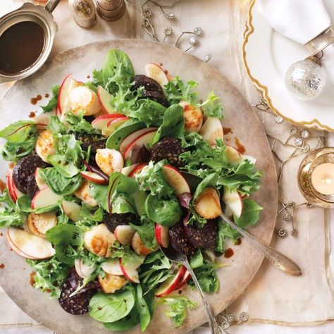 Scallop, black pudding and apple salad - Good Housekeeping Apples Salad, Apple Salad Recipe, How To Cook Scallops, Apple Salad Recipes, Yummy Bites, Black Pudding, Scallop Recipes, Salad Leaves, Green Stuff