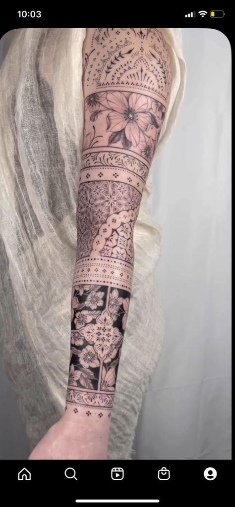 Upper Arm Sleeve Tattoo Women, Sleeve Gap Fillers Tattoo Ideas, Bohemian Tattoo Sleeve, Mosaic Tattoo, Sleeve Filler, Bohemian Tattoo, Floral Mandala Tattoo, Mandala Tattoo Sleeve, Cross Tattoos For Women