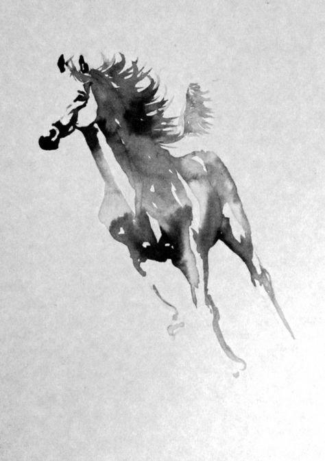 Running horse in chinese black ink Horse Tattoo Design, Watercolor Paintings Of Animals, Painted Horses, Abstract Horse, Horse Artwork, Watercolor Horse, Horse Tattoo, Tinta China, Horse Drawing