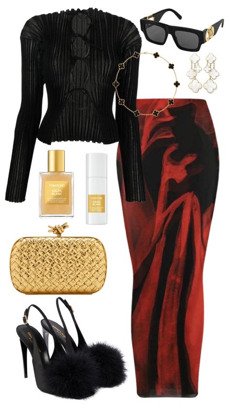 Louis Vuitton Outfits, Van Cleef Arpels Necklace, Shimmering Body Oil, Saint Laurent Heels, Sunglasses Tom Ford, Louisa Ballou, Bottega Veneta Bag, Louis Vuitton Sunglasses, Knitted Top