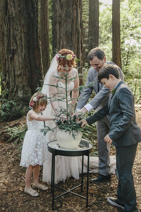 Blended Family Wedding Ceremony, Blended Family Sand Ceremony, Blended Family Photos, Tree Planting Ceremony, Family Wedding Pictures, Blended Wedding, Redwood Forest Wedding, Blended Family Wedding, Family Wedding Photos