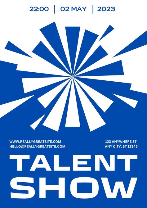 Blue White Simple Event Talent Show Flyer #canva #canvastemplate #canvatemplate Talent Show Poster, Talent Show Flyer, Kaleidoscope Logo, Show Flyer, Contest Ideas, Show Design, Party 2023, Talent Show, Cabaret