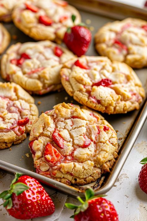 Easy Strawberry Cheesecake Cookies - Krystel's Cooking Strawberry Cookies Crumbl, Strawberry Cupcake Crumbl Cookie, Strawberry Crumble Cookies, Strawberry Cheesecake Cookies Recipes, Strawberry Cookies Recipes, Strawberry Cheesecake Muffins, Strawberry Cheesecake Cookies, Cheesecake Cookies Recipes, Easy Strawberry Cheesecake