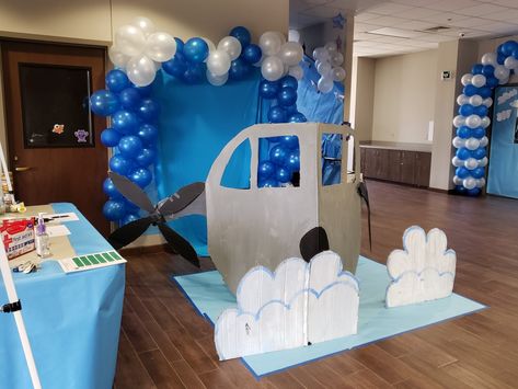 Airplane Stage Set Design, Around The World Float Theme, Airplane Vbs Decorations, Cardboard Box Airplane, Diy Airplane Cardboard, Airplane Vbs, Cardboard Airplane Diy, Airplane Cutout, Airplane Prop