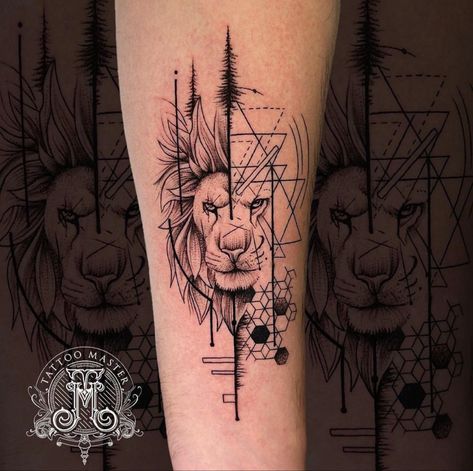 Lion Hand Tattoo For Women, Calf Tattoo Ideas, Lion Hand Tattoo, Lion Forearm Tattoos, Leg Sleeve Tattoos, Quarter Sleeve Tattoos, Danish Men, Geometric Lion, Meaningful Tattoo Quotes