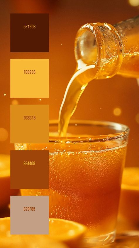 Colors:
521903
F8B936
DC8C18
9F4409
C29F85 Juice Splash, Citrus Theme, Watercolor Food Illustration, Amber Light, Hex Color Palette, Watercolor Food, Palette Art, Paint Color Palettes, Color Spectrum