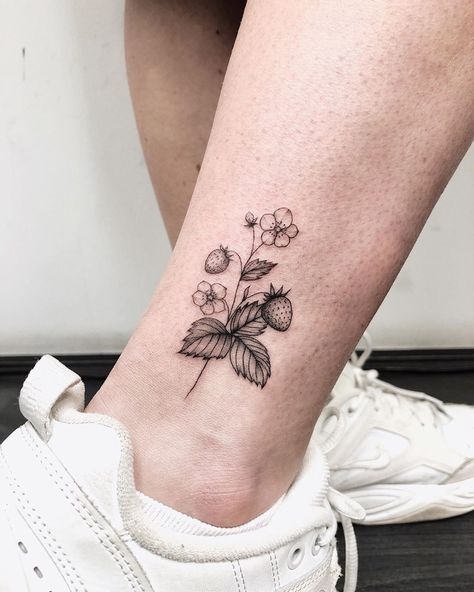 Wild Strawberry Tattoo, Air Tattoos, Strawberry Tattoo Minimalist, Fruit Tattoos, Tattoos Fire, Earth Tattoos, Cottagecore Tattoo, Tattoos Water, Water Tattoos