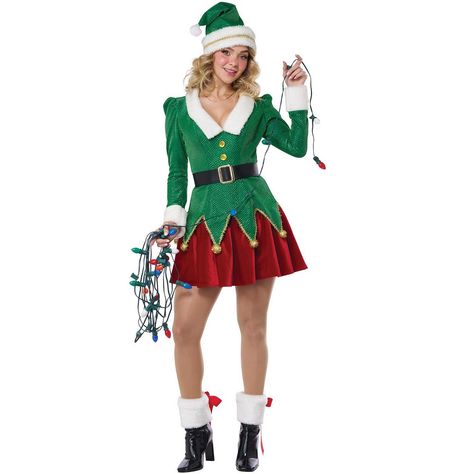 The Very Merry Elf Adult Costume is a delightful ensemble perfect for bringing some festive cheer to any holiday gathering. The costume features a vibrant green top adorned with whimsical white faux fur collar and trim. The top is designed to evoke the classic look of an elf's attire, creating a playful and festive vibe. Accompanying the top is a matching green Santa hat, complete with a fluffy white pompom on the tip. Complementing the green top and Santa hat is a vibrant red skirt, adding a pop of color and completing the classic elf look. To cinch the waist and accentuate the silhouette, the costume includes a sleek black belt, adding a touch of definition and style. Adding the finishing touches to this enchanting ensemble are the adorable white shoe cuffs adorned with festive red ribbo Christmas Elves Costumes, Elf Dress Up, Green Christmas Outfit Women, Diy Christmas Elf Costume, Cute Elf Costume, Elf Costume Ideas, Christmas Elf Costume Diy, Girl Elf Costume, White Christmas Outfit