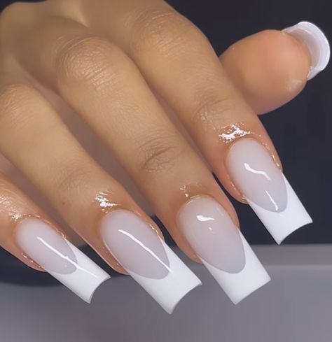 French Tip Acrylic Nails 2023, White Acrylic Nails For Graduation, Formal Nails Classy White, Nut Color Nails Acrylic With Design, Natural Pink Acrylic Nails Design, Milky White French Tip Nails Acrylic, White French Tip With White Base, Baddie Graduation Nails, Double White French Nails