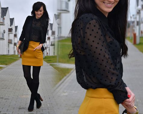 LB MOBILE Mustard Skirt Outfit, Yellow Skirt Outfit, Yellow Skirt Outfits, Black Chiffon Shirt, Mustard Yellow Skirts, Mustard Skirt, Black Sheer Top, Yellow Skirt, Skirt Outfit