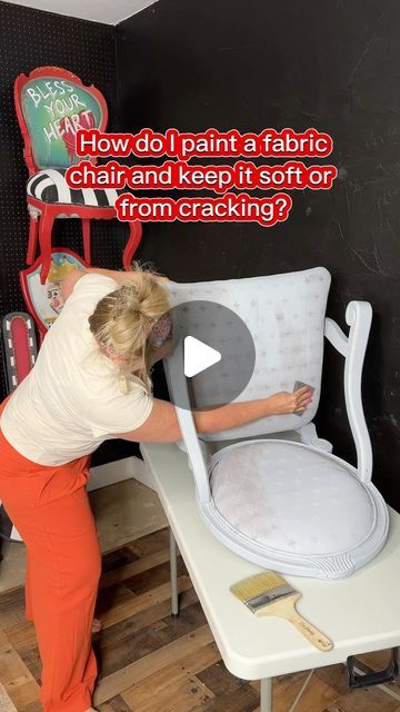 Painting Apolstry Chairs, Reupholstering A Chair, Repainted Chairs, How To Reupholster A Chair, Painted Chairs Diy, Painting Fabric Chairs, Painted Chair, Hand Painted Fabric, Linen Chair