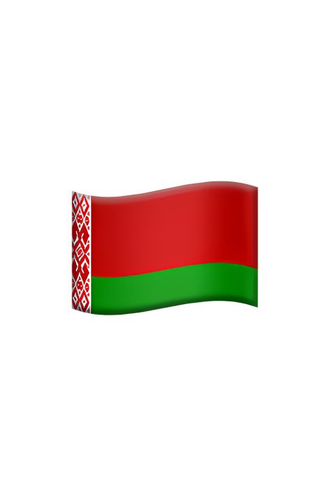 The emoji 🇧🇾 depicts the flag of Belarus. The flag consists of two horizontal stripes, with the upper stripe being red and the lower stripe being green. In the upper left corner of the flag, there is a vertical white stripe that runs the entire length of the flag. The white stripe features a decorative pattern of red and green designs. The overall appearance of the flag is simple yet striking, with bold colors and a distinctive design. Flag Emoji, Apple Emojis, Slavic Style, The Emoji, Mall Design, Russian Flag, Fairy Tale Characters, The White Stripes, Decorative Pattern