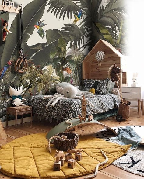 Shalu Singh on Instagram: “Tropical Forest And Colourful Parrots Wallpaper🌴🌴🌴🦜🦜 Kids Room Decor Ideas💫 keep following for more Home Decor Ideas 👉 @for_hearth_n_home…” Medieval Cabin, Forest Theme Bedroom, Parrot Wallpaper, Tropical Bedroom, Jungle Bedroom, Amazon Forest, Tropical Bedrooms, Parrot Green, Nursery Mural