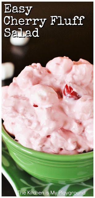 Cherry Fluff Salad ~ Made with cherry pie filling, this quick & easy fluff is a beautifully delicious creamy side or dessert salad, fabulous to enjoy on your holiday table or all year-round!  www.thekitchenismyplayground.com Cherry Fluff Salad, Cherry Fluff, Cherry Pie Filling Recipes, Cranberry Fluff, Fluff Salad Recipes, Cherries Salad, Fluff Salad, Pie Filling Recipes, Fluff Recipe