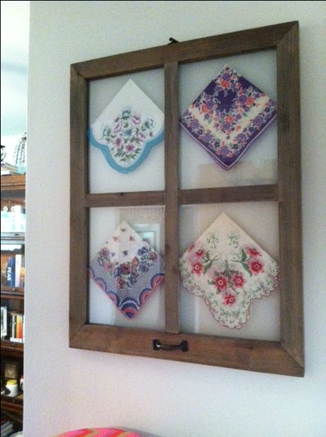 Old hankies in window frame is a neat way to display some heirlooms.  So much better than letting them sit around in a drawer! Hankies Ideas, Hankie Quilts, Handkerchief Ideas, Hankie Crafts, Vintage Handkerchiefs Crafts, Handkerchief Crafts, Window Crafts, Crocheted Doilies, Vintage Window