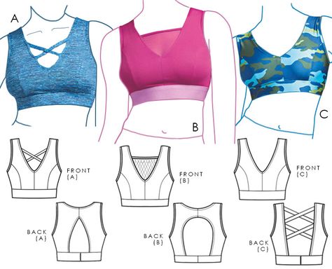 Sewing Pattern: Wireless sports bra designed with a deep V neckline and princess seams for a flattering fit. Customize your style with optional crossover details and mesh inserts. Choose from three back opening options, including cut-out and cross-over details. Create your own comfortable and stylish activewear with this versatile pattern. #SewingPatterns #DIYFashion #SportsBra #Activewear Sports Bra Pattern Free, Free Sports Bra Sewing Pattern, Wireless Bra Pattern, Sports Bra Sewing Pattern, Diy Bra Pattern, Bralette Sewing Pattern, Sewing Activewear, Sewing Bras, Bodysuit Pattern