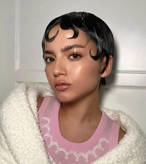 Clipped Back Short Hair, Gel Pixie Hairstyles, Short Ballroom Hair, Short Hair Gel Hairstyles, Slicked Pixie Cut, Short Gelled Hair, Editorial Short Hair, 1920s Short Hairstyles, Finger Waves Short Hair Tutorial