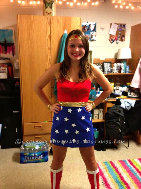 Wonder Woman! I found an old blue field hockey skirt at my local thrift shop which was my inspiration for my entire costume. For the stars on the skirt, I Wonder Woman Costume Diy, Wonder Woman Diy, Wonder Woman Halloween Costume, Homecoming Week, Woman Costume, Diy Kostüm, Wonder Woman Costume, Homemade Costumes, Homemade Halloween