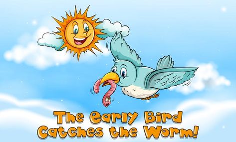 Idiom expression for early bird catches the worm Early Bird Catches The Worm, Pre Primary School, Early Childhood Program, Native English, School Cartoon, Discount Banner, Baby Images, Cute Lion, Alphabet Tracing