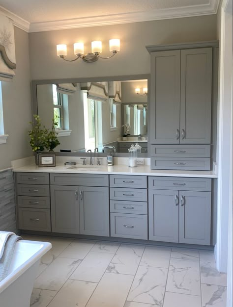 Long Bathroom Vanity With Tall Cabinet, Single Sink With Storage Tower, Double Sink Bathroom Vanity Next To Toilet, Vanity And Linen Cabinet Combo, Bathroom Ideas With Washing Machine, Large Powder Room Ideas, Bathroom Cabinets Colors, Bathroom Vanity With Tall Side Cabinet, Grey And Blue Bathroom Ideas