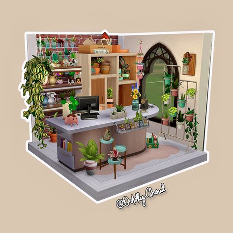 The Sims 4 Tiny flower shop by 3x3 dollhouse visual. The primary colors are yellow, pink, blue and green. There’s a lot of plants and flowers. Sims Flower Shop, Sims 4 People Ideas No Cc, Sims 4 Florist Shop, Sims Build Challenge, Sims 4 Florist, Sims 4 Flower Shop, Flower Shop Ideas, Sims Bathroom, Florist Shop Interior