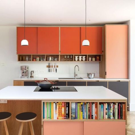 Before and After: A Summery Bungalow in Topanga, California, Redone by an LA Designer - Remodelista Victorian Terraced House, Plywood Kitchen, Victorian Kitchen, Orange Kitchen, Big Kitchen, Victorian Terrace, Plywood Furniture, Family Kitchen, Style Deco