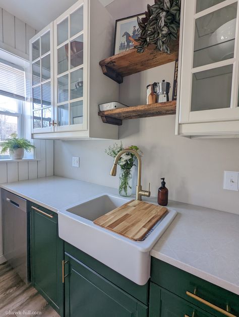 Cabinets Over Sink No Window, Ikea Kitchen Wall Shelves, Glass Front Cabinets Kitchen, Green Lower Cabinets White Upper, Green Ikea Kitchen, Sink No Window, Ikea Kitchen Wall Cabinets, Cabinets Over Sink, Rustic Open Shelving