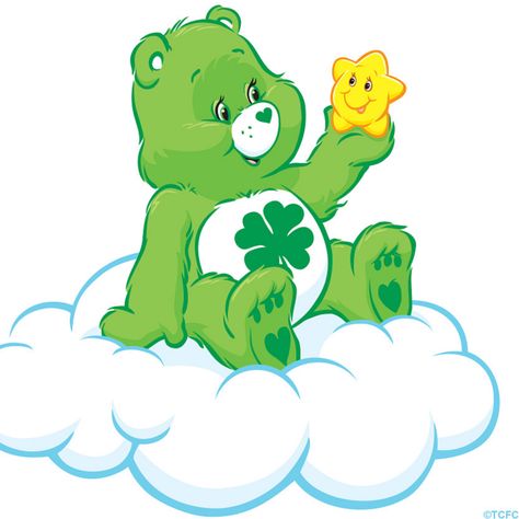 Care Bears: Good Luck Bear Sitting on a Cloud Sunshine Bear, Lucky Bear, Care Bears Birthday Party, Care Bear Tattoos, Care Bears Vintage, Care Bear Party, Care Bear Birthday, Bear Sitting, Care Bears Cousins